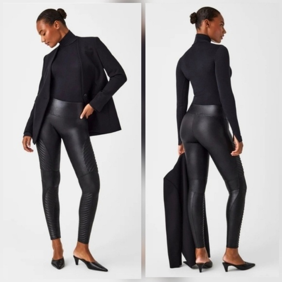 SPANX Pants - Spanx Revolve Black Faux Leather Quilted Moto Leggings Size Medium